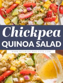 This quick and easy Quinoa Chickpea Salad is packed with vibrant vegetables and creamy chickpeas all tossed in a light lemon vinaigrette. Delicious as-is, this salad is also a fantastic base for adding your favorite extra herbs, beans, or veggies. It's a lovely side or lunch to meal prep.