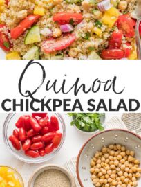 This quick and easy Quinoa Chickpea Salad is packed with vibrant vegetables and creamy chickpeas all tossed in a light lemon vinaigrette. Delicious as-is, this salad is also a fantastic base for adding your favorite extra herbs, beans, or veggies. It's a lovely side or lunch to meal prep.