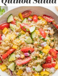 This quick and easy Quinoa Chickpea Salad is packed with vibrant vegetables and creamy chickpeas all tossed in a light lemon vinaigrette. Delicious as-is, this salad is also a fantastic base for adding your favorite extra herbs, beans, or veggies. It's a lovely side or lunch to meal prep.