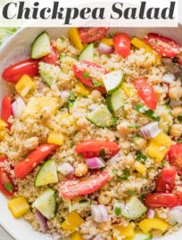 This quick and easy Quinoa Chickpea Salad is packed with vibrant vegetables and creamy chickpeas all tossed in a light lemon vinaigrette. Delicious as-is, this salad is also a fantastic base for adding your favorite extra herbs, beans, or veggies. It's a lovely side or lunch to meal prep.