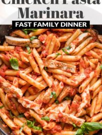 This Chicken Marinara Pasta recipe is fast, delicious, and family-friendly, with a simple from-scratch sauce, tender pan-fried chicken breasts, and plenty of basil and Italian seasonings. You'll love this fresh take on comfort food!