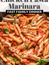 This Chicken Marinara Pasta recipe is fast, delicious, and family-friendly, with a simple from-scratch sauce, tender pan-fried chicken breasts, and plenty of basil and Italian seasonings. You'll love this fresh take on comfort food!