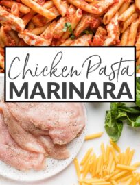 This Chicken Marinara Pasta recipe is fast, delicious, and family-friendly, with a simple from-scratch sauce, tender pan-fried chicken breasts, and plenty of basil and Italian seasonings. You'll love this fresh take on comfort food!