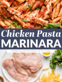 This Chicken Marinara Pasta recipe is fast, delicious, and family-friendly, with a simple from-scratch sauce, tender pan-fried chicken breasts, and plenty of basil and Italian seasonings. You'll love this fresh take on comfort food!