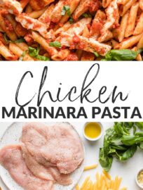 This Chicken Marinara Pasta recipe is fast, delicious, and family-friendly, with a simple from-scratch sauce, tender pan-fried chicken breasts, and plenty of basil and Italian seasonings. You'll love this fresh take on comfort food!