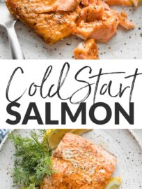The not-so-secret secret to perfect salmon each and every time? Start it in a cold oven! Turn on the heat, and 25 minutes later you'll have, without fail, the most tender, moist, flavorful salmon you can imagine.