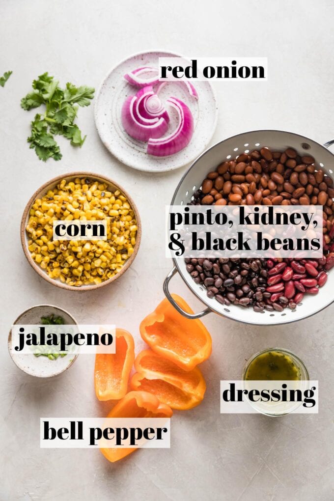 Labeled overhead photo of pinto beans, kidney beans, black beans, red onion, corn kernels, minced jalapeno pepper, orange bell pepper, and a homemade cilantro dressing, all in prep bowls and plates and ready to mix together.
