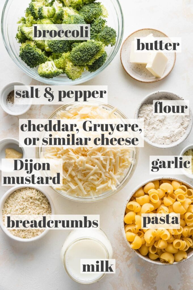 Labeled overhead photo of broccoli florets, dried pasta, shredded cheese, butter, flour, salt, pepper, Dijon mustard, milk, garlic, and breadcrumbs measured into prep bowls and ready to cook.