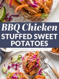Satisfying and healthy, these BBQ Chicken Stuffed Sweet Potatoes are a dream lunch or dinner. Juicy pulled BBQ chicken is loaded into tender baked sweet potatoes, then topped with our favorite sunset slaw for a crunchy finish. This is a fantastic way to use crockpot BBQ chicken!