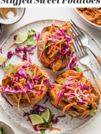 Satisfying and healthy, these BBQ Chicken Stuffed Sweet Potatoes are a dream lunch or dinner. Juicy pulled BBQ chicken is loaded into tender baked sweet potatoes, then topped with our favorite sunset slaw for a crunchy finish. This is a fantastic way to use crockpot BBQ chicken!