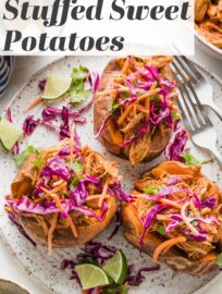 Satisfying and healthy, these BBQ Chicken Stuffed Sweet Potatoes are a dream lunch or dinner. Juicy pulled BBQ chicken is loaded into tender baked sweet potatoes, then topped with our favorite sunset slaw for a crunchy finish. This is a fantastic way to use crockpot BBQ chicken!