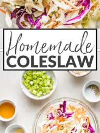 Add this healthy homemade coleslaw to your menu for tastier sandwiches, potlucks, and picnics galore. It's crunchy, fresh, and vibrant, with colorful cabbage, carrots, and a sweet and tangy dressing. Easy to make to your taste from scratch and way better than anything store-bought!