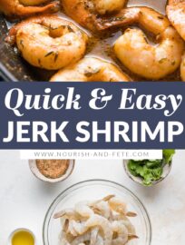 Ready in a flash, this easy jerk shrimp is a little sweet, a little tangy, and can have a little or a lot of kick depending on the seasoning blend that you use. The marinade doubles as a sauce for extra taste without extra effort. Jerk shrimp is a great protein to serve with pasta or in tacos, salads, or rice bowls.