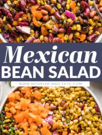 A large Mexican three bean salad with homemade cilantro vinaigrette, in a white bowl ready to serve.