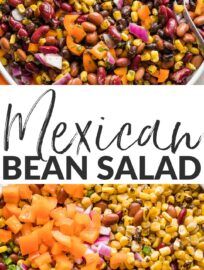 A large Mexican three bean salad with homemade cilantro vinaigrette, in a white bowl ready to serve.