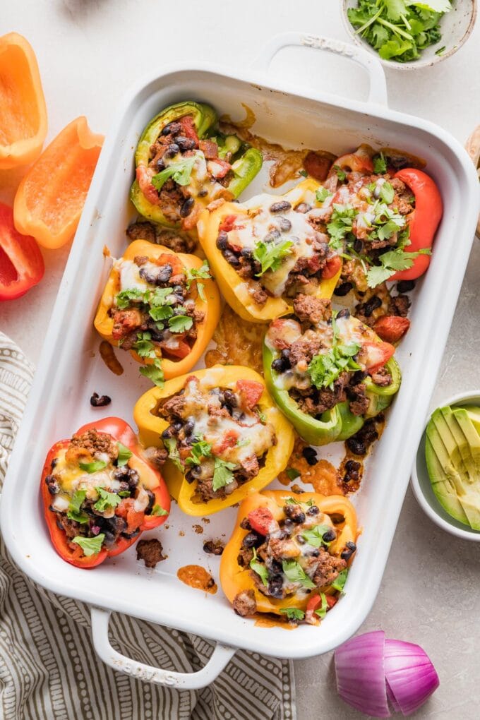 White ceramic casserole dish filled with taco stuffed peppers with melted cheese and cilantro on top.