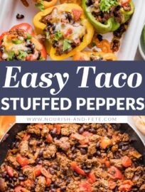 Taco Stuffed Peppers are an easy dinner that will satisfy the whole family! Tender and vibrant bell peppers are stuffed with a generously seasoned mix of ground meat, black beans, and tomatoes. Top with cheese for a filling and fun weeknight dinner.