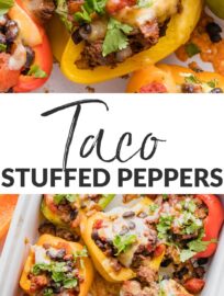 Taco Stuffed Peppers are an easy dinner that will satisfy the whole family! Tender and vibrant bell peppers are stuffed with a generously seasoned mix of ground meat, black beans, and tomatoes. Top with cheese for a filling and fun weeknight dinner.