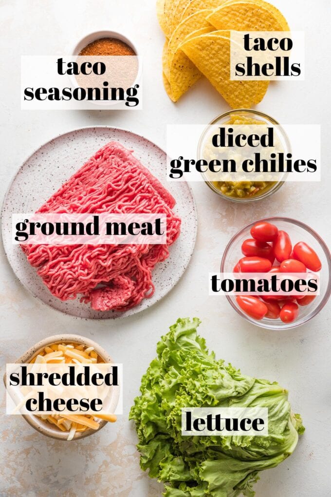 Labeled overhead image of taco shells, ground beef, taco seasoning, diced green chilies, tomatoes, shredded cheese, and green leaf lettuce in prep bowls.