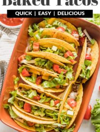 Easy, delicious, and fun, these oven baked tacos deliver crunchy tortilla shells packed with a well-seasoned filling and melted cheese. Perfect for a quick family dinner, or double the batch to feed a crowd with a taco bar!