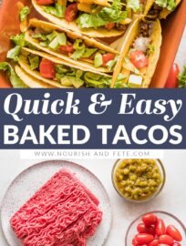 Easy, delicious, and fun, these oven baked tacos deliver crunchy tortilla shells packed with a well-seasoned filling and melted cheese. Perfect for a quick family dinner, or double the batch to feed a crowd with a taco bar!