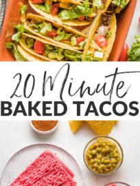 Easy, delicious, and fun, these oven baked tacos deliver crunchy tortilla shells packed with a well-seasoned filling and melted cheese. Perfect for a quick family dinner, or double the batch to feed a crowd with a taco bar!