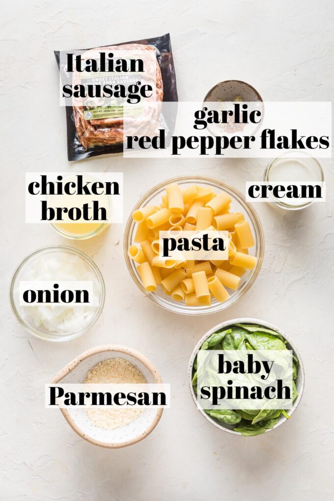 Labeled overhead photo of uncooked rigatoni, packed uncased Italian sausage, chicken broth, heavy cream, garlic, red pepper flakes, chopped onion, baby spinach, and grated Parmesan cheese in prep bowls.