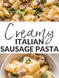 Creamy Italian sausage pasta is a deliciously easy family favorite! Tender pasta is tossed with savory crumbled sausage, a light cream sauce, wilted baby spinach, and generously grated Parmesan. Best of all, it's easy to make in about 25 minutes.