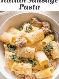 Creamy Italian sausage pasta is a deliciously easy family favorite! Tender pasta is tossed with savory crumbled sausage, a light cream sauce, wilted baby spinach, and generously grated Parmesan. Best of all, it's easy to make in about 25 minutes.