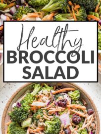 This healthy Broccoli Salad is an easy and delicious side that's perfect for sharing! It features crunchy broccoli, carrots, and red cabbage, salty sunflower seeds, sweet dried cranberries, and a creamy homemade dressing.