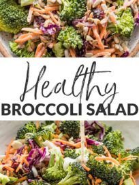 This healthy Broccoli Salad is an easy and delicious side that's perfect for sharing! It features crunchy broccoli, carrots, and red cabbage, salty sunflower seeds, sweet dried cranberries, and a creamy homemade dressing.