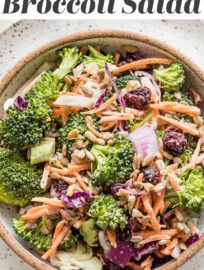 This healthy Broccoli Salad is an easy and delicious side that's perfect for sharing! It features crunchy broccoli, carrots, and red cabbage, salty sunflower seeds, sweet dried cranberries, and a creamy homemade dressing.