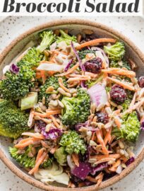 This healthy Broccoli Salad is an easy and delicious side that's perfect for sharing! It features crunchy broccoli, carrots, and red cabbage, salty sunflower seeds, sweet dried cranberries, and a creamy homemade dressing.