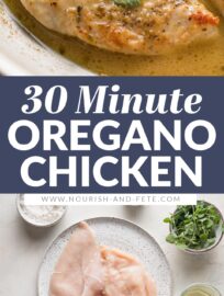 This fresh and delicious Oregano Chicken skillet is easy to make in just about 25 minutes. We love the tender pan-fried chicken breasts, white wine-infused sauce, and fresh sprigs of oregano. Simple yet restaurant-worthy!