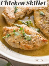 This fresh and delicious Oregano Chicken skillet is easy to make in just about 25 minutes. We love the tender pan-fried chicken breasts, white wine-infused sauce, and fresh sprigs of oregano. Simple yet restaurant-worthy!