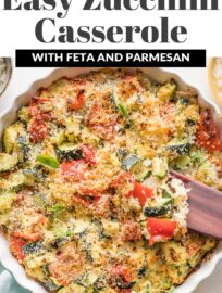 This easy and tasty Zucchini Casserole is my favorite way to serve the bountiful summer vegetable as a side! It's packed with garlic, feta, Parmesan, Italian herbs, and a delightfully crisp breadcrumb topping. It bakes in about 30 minutes and is easy to prep ahead, too.