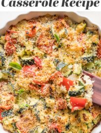 This easy and tasty Zucchini Casserole is my favorite way to serve the bountiful summer vegetable as a side! It's packed with garlic, feta, Parmesan, Italian herbs, and a delightfully crisp breadcrumb topping. It bakes in about 30 minutes and is easy to prep ahead, too.