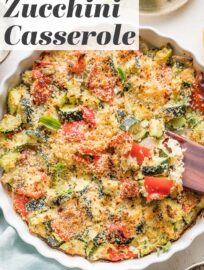 This easy and tasty Zucchini Casserole is my favorite way to serve the bountiful summer vegetable as a side! It's packed with garlic, feta, Parmesan, Italian herbs, and a delightfully crisp breadcrumb topping. It bakes in about 30 minutes and is easy to prep ahead, too.