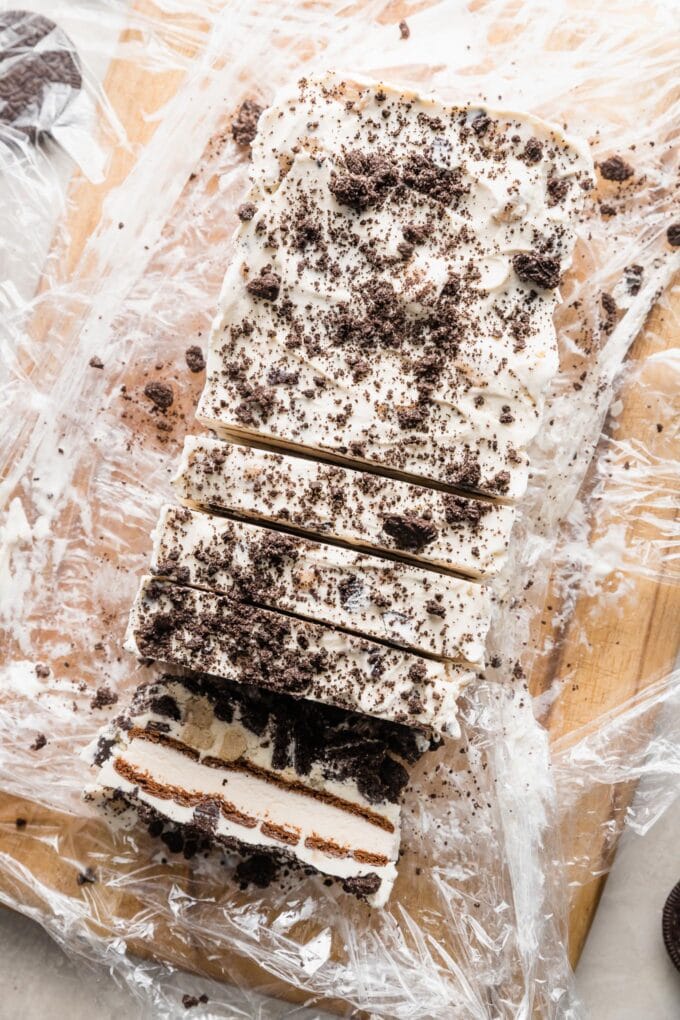 Oreo ice cream cake sliced into individual servings.