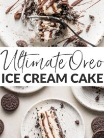 This layered Oreo Ice Cream Cake is a summer must-have that's delightfully low effort and high reward. With a crushed Oreo base, two layers of your favorite ice cream, hidden mini ice cream sandwiches, more Oreos and melted chocolate drizzled on top, this is a dream of a no-bake dessert.