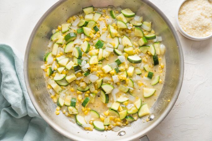 Sauteed zucchini and corn in a light white wine butter sauce.