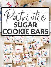 Need a festive and patriotic dessert? These 4th of July sugar cookie bars are easy to make and fun to share. They have a tender, flavorful cookie base, a generous swoop of homemade frosting, and cheerful red, white, and blue sprinkles on top. Perfect for all the summer holidays!