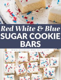 Need a festive and patriotic dessert? These 4th of July sugar cookie bars are easy to make and fun to share. They have a tender, flavorful cookie base, a generous swoop of homemade frosting, and cheerful red, white, and blue sprinkles on top. Perfect for all the summer holidays!