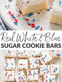 Need a festive and patriotic dessert? These 4th of July sugar cookie bars are easy to make and fun to share. They have a tender, flavorful cookie base, a generous swoop of homemade frosting, and cheerful red, white, and blue sprinkles on top. Perfect for all the summer holidays!