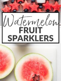 Watermelon Fruit Sparklers are fun, simple, and tasty, certain to delight kids and adults alike. They're the perfect easy snack or side for summer potlucks and BBQs, and especially fitting for Memorial Day or the Fourth of July.