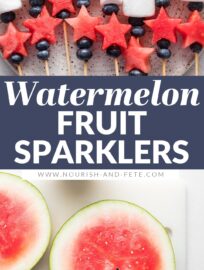 Watermelon Fruit Sparklers are fun, simple, and tasty, certain to delight kids and adults alike. They're the perfect easy snack or side for summer potlucks and BBQs, and especially fitting for Memorial Day or the Fourth of July.