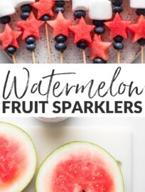 Watermelon Fruit Sparklers are fun, simple, and tasty, certain to delight kids and adults alike. They're the perfect easy snack or side for summer potlucks and BBQs, and especially fitting for Memorial Day or the Fourth of July.