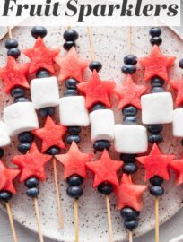 Watermelon Fruit Sparklers are fun, simple, and tasty, certain to delight kids and adults alike. They're the perfect easy snack or side for summer potlucks and BBQs, and especially fitting for Memorial Day or the Fourth of July.