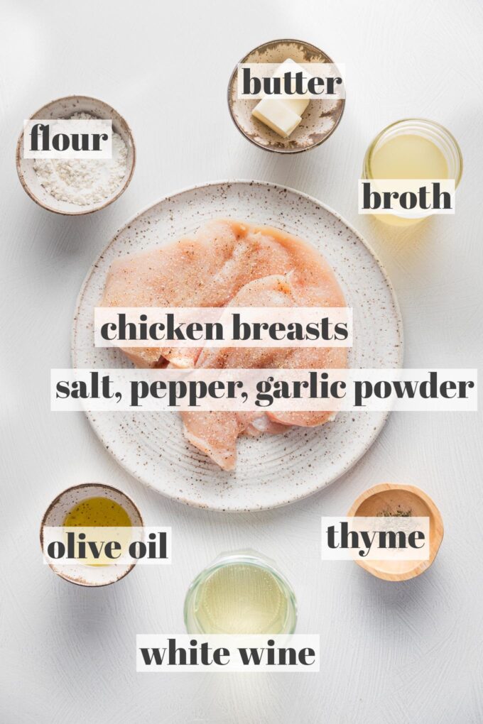 Labeled overhead photo of chicken breasts, flour, broth, white wine, olive oil, butter, and seasonings.