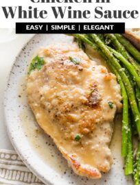 This Chicken in White Wine Sauce has tender pan-fried chicken cutlets nestled in a sauce that is light and flavorful all at once. No need for a heavy cream sauce here! Best of all, this is elevated yet crowd-pleasing and easy to make in 25 minutes.